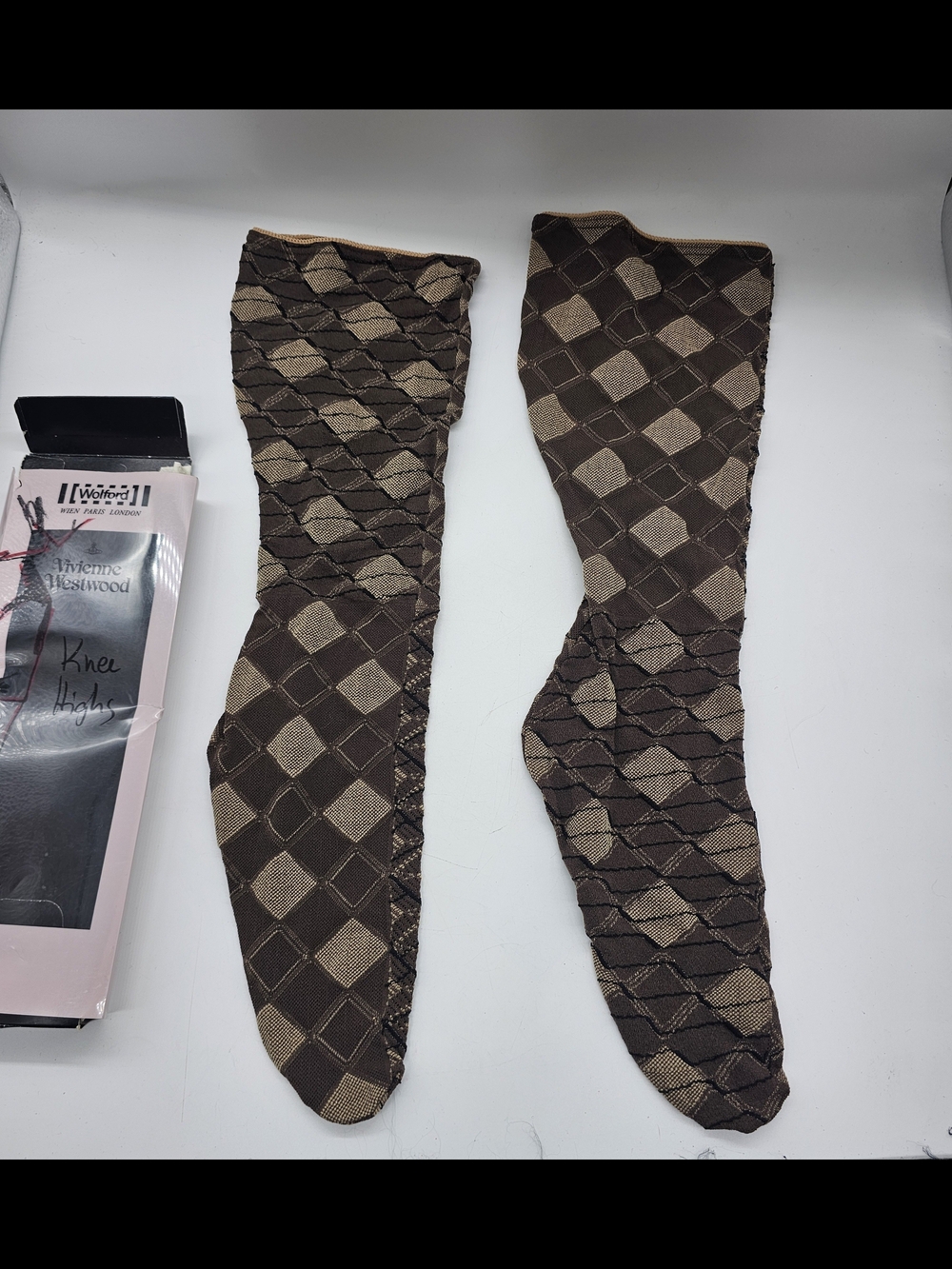 VTG Vivienne Westwood x Wolford Argyle Knee High Socks - Tan/Brown -Rare Archive